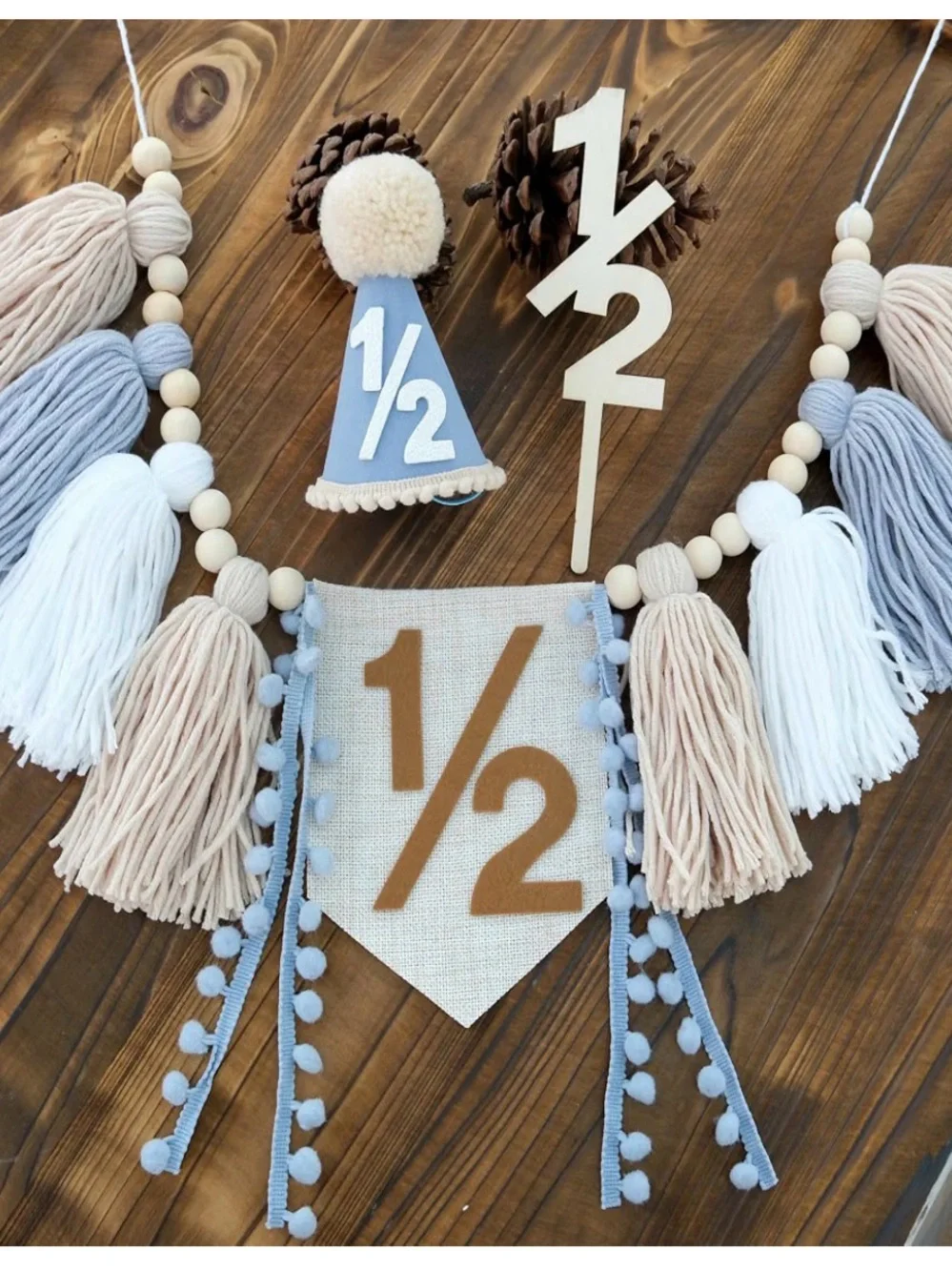 Half Birthday Garland & Hat Set in Blue, Cream & White